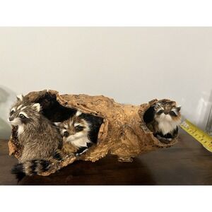 Faux Fur Woodland Critters in Cork Bark Log Display Rustic Cabin Decor 10"‎